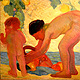 Ragazza con bambino al fiume